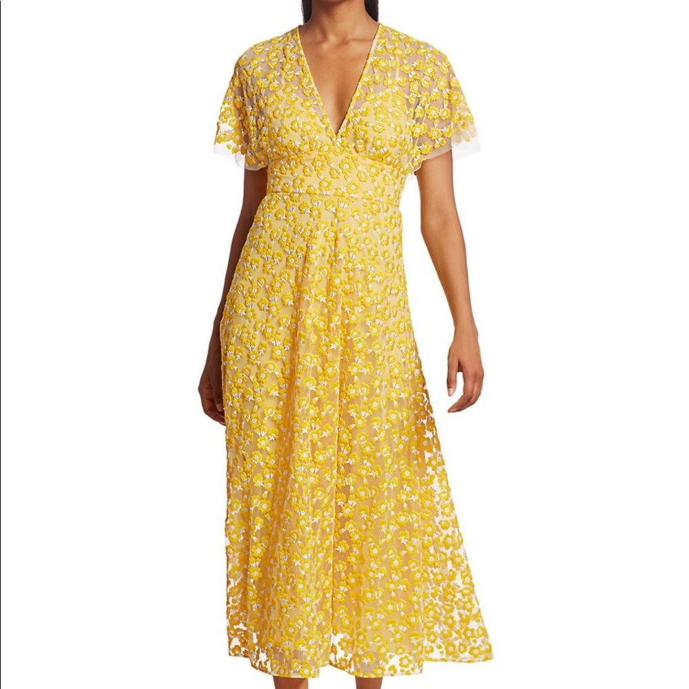 Lela Rose Floral-Embroidered Midi Dress